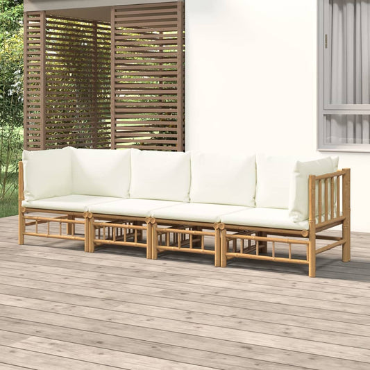 4 Piece Patio Lounge Set with Cream White Cushions Bamboo