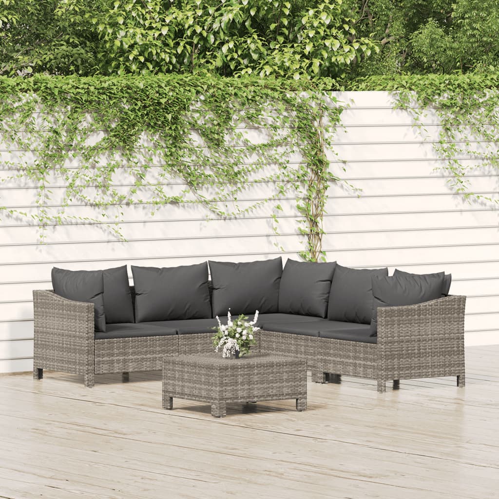 6 Piece Patio Lounge Set with Cushions Gray Poly Rattan