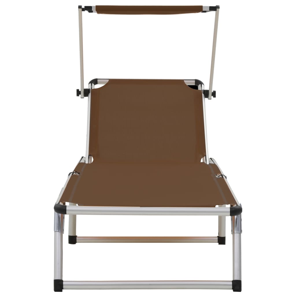 Folding Sun Lounger with Roof Aluminum and Textilene Brown