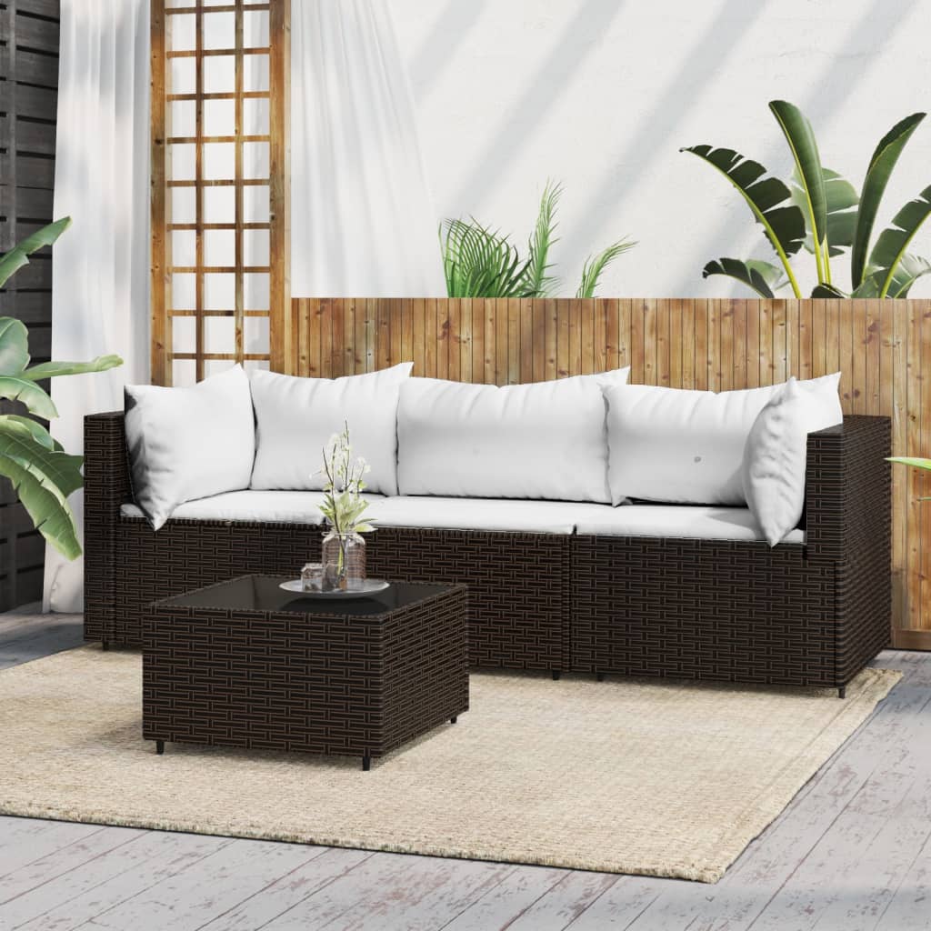 4 Piece Patio Lounge Set with Cushions Brown Poly Rattan