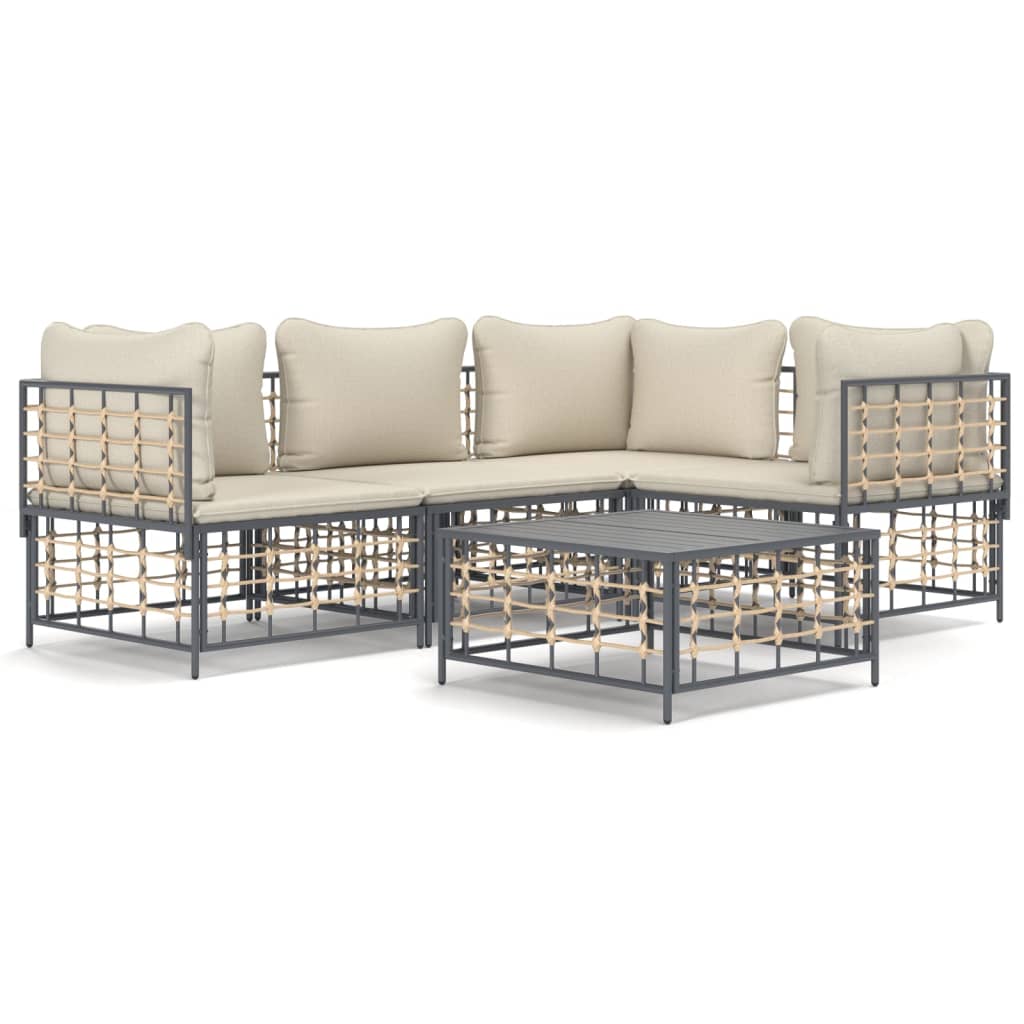 5 Piece Patio Lounge Set with Cushions Anthracite Poly Rattan