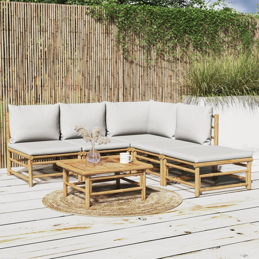 6 Piece Patio Lounge Set with Light Gray Cushions Bamboo