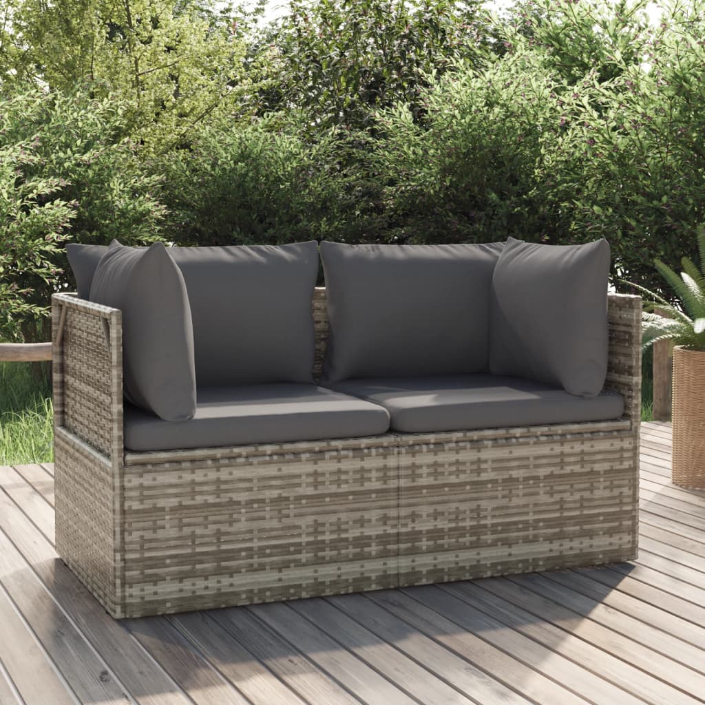 2-Seater Patio Sofa with Cushions Gray Poly Rattan