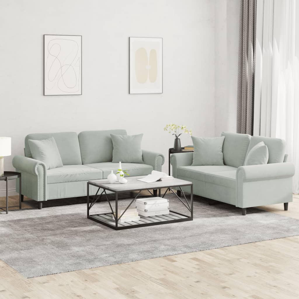 2 Piece Sofa Set with Pillows Light Gray Velvet