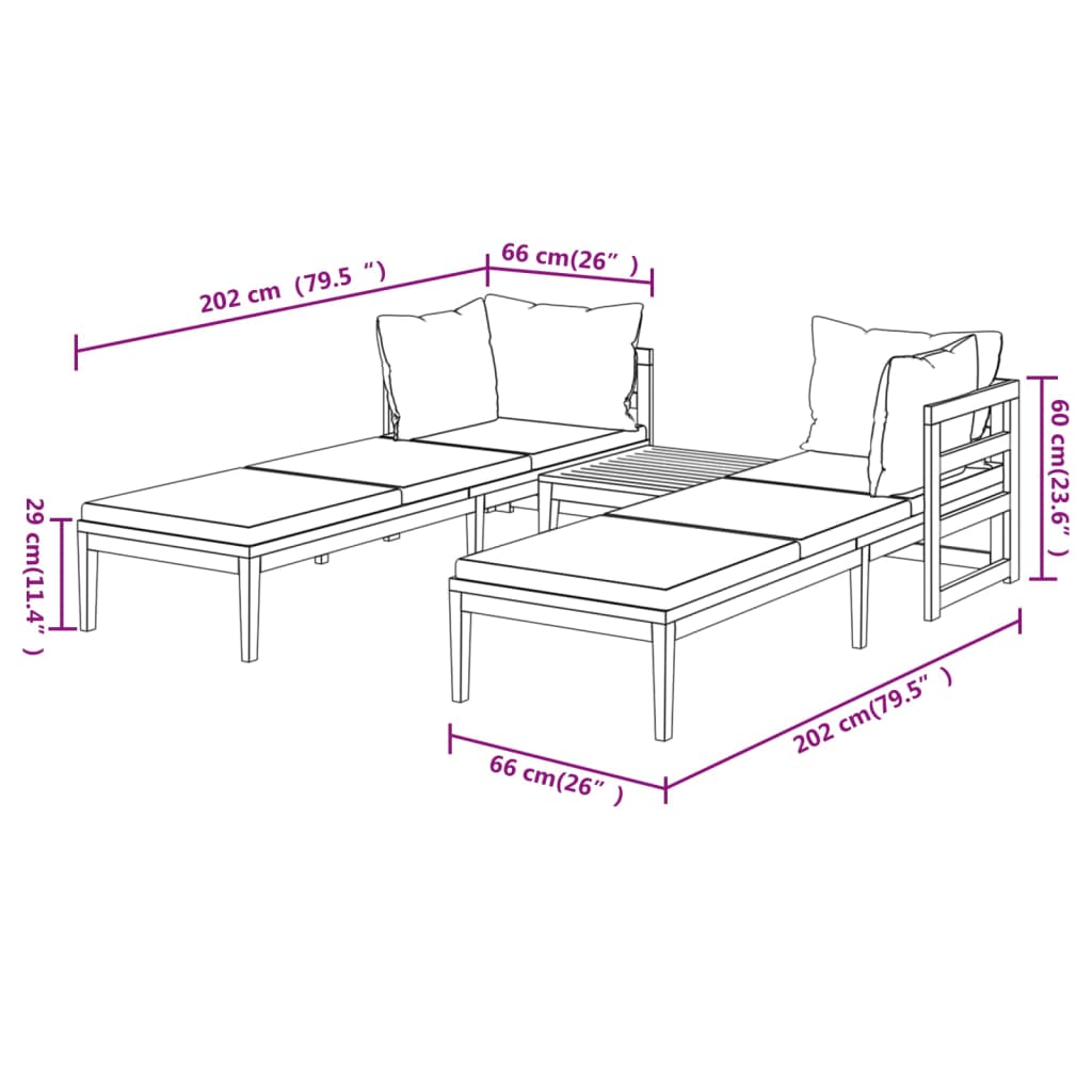 3 Piece Patio Lounge Set with Cream White Cushions Acacia Wood