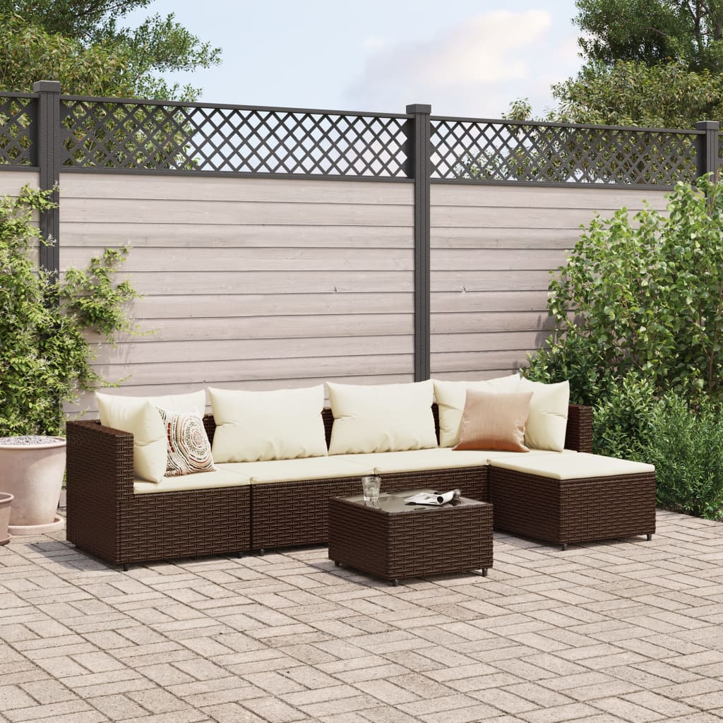 6 Piece Patio Lounge Set with Cushions Brown Poly Rattan