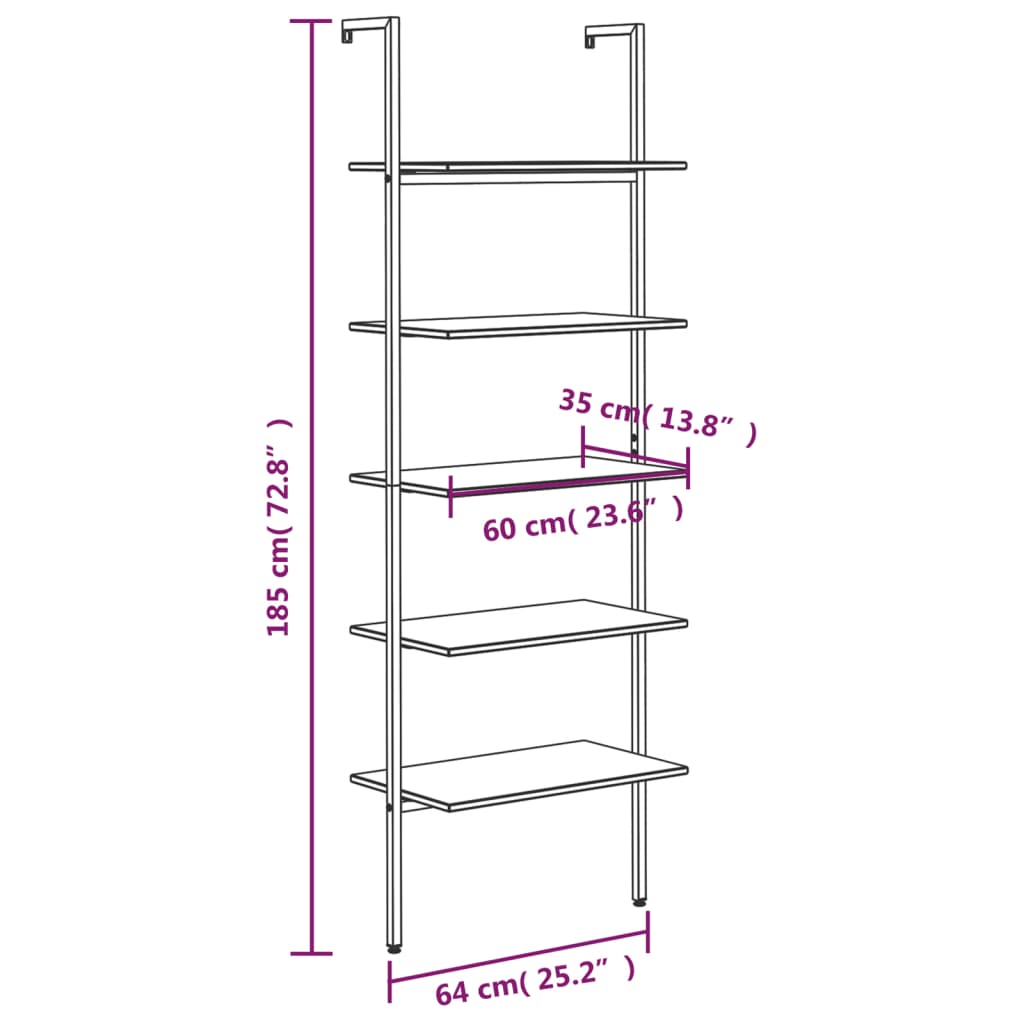 5-Tier Leaning Shelf Black 25.2"x13.8"x72.8"