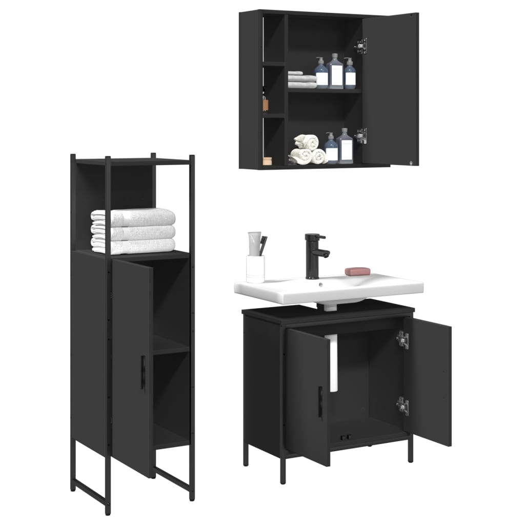 3 Piece Bathroom Cabinet Set Black Engineered Wood