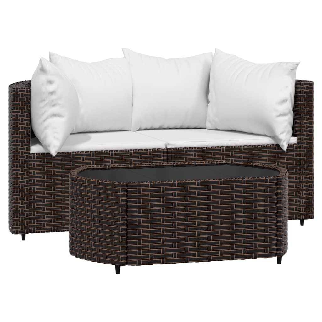 3 Piece Patio Lounge Set with Cushions Brown Poly Rattan