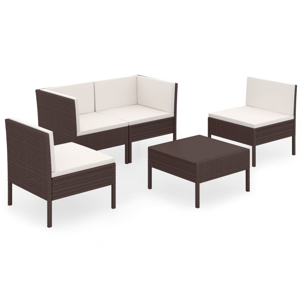 5 Piece Patio Lounge Set with Cushions Poly Rattan Brown