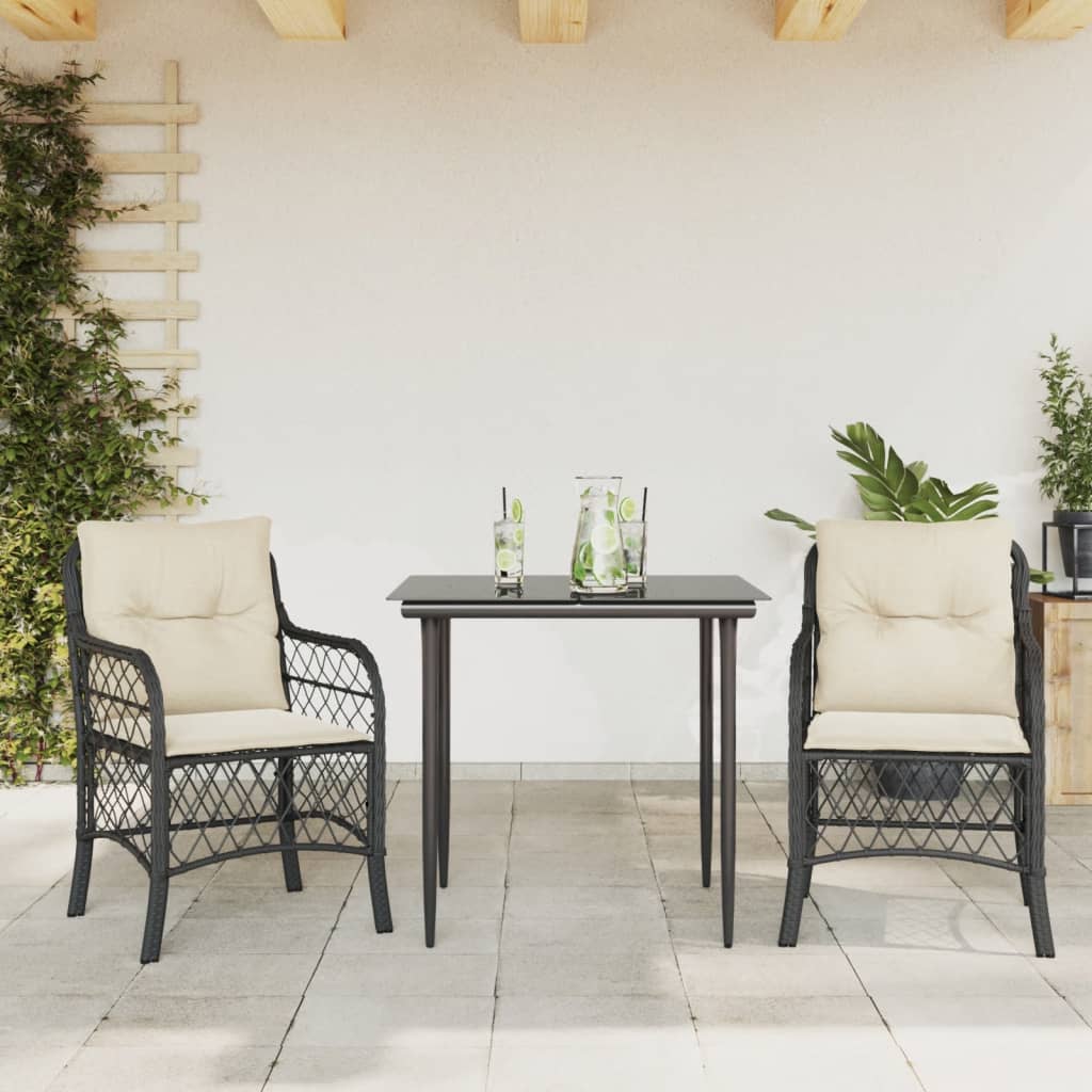 3 Piece Bistro Set with Cushions Black Poly Rattan