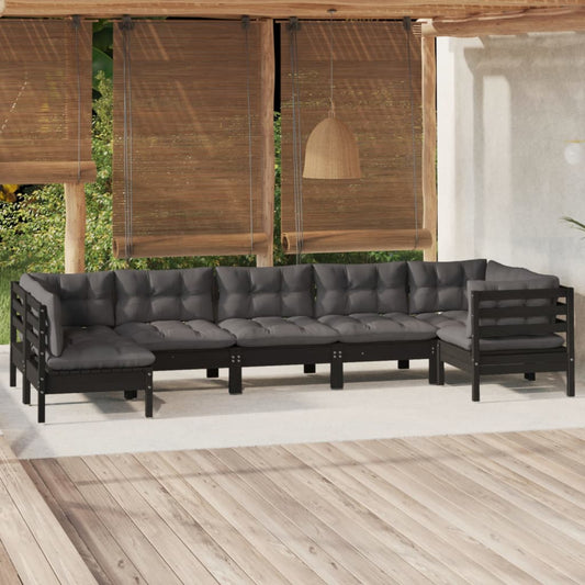 7 Piece Patio Lounge Set with Cushions Black Pinewood