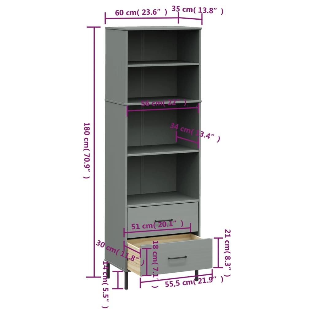 Bookcase with 2 Drawers Gray 23.6"x13.8"x70.9" Solid Wood OSLO