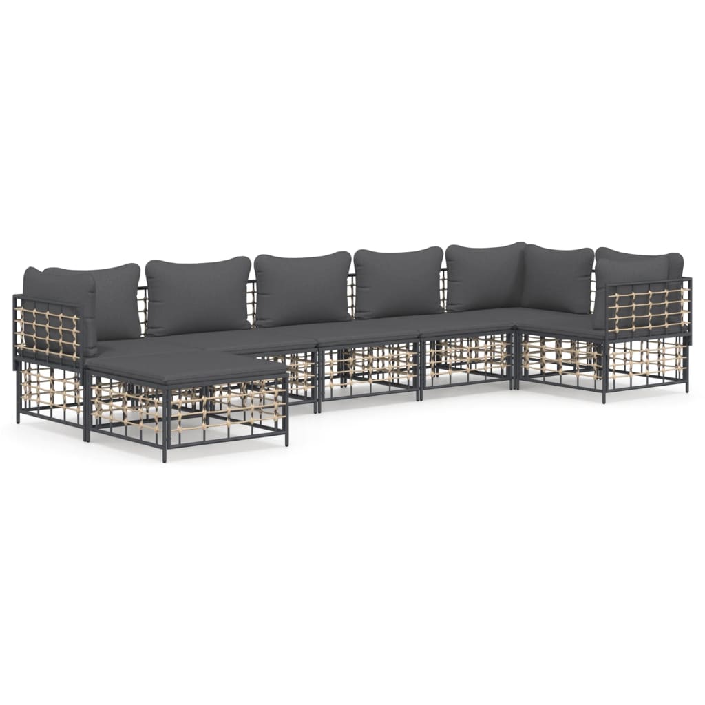 7 Piece Patio Lounge Set with Cushions Anthracite Poly Rattan