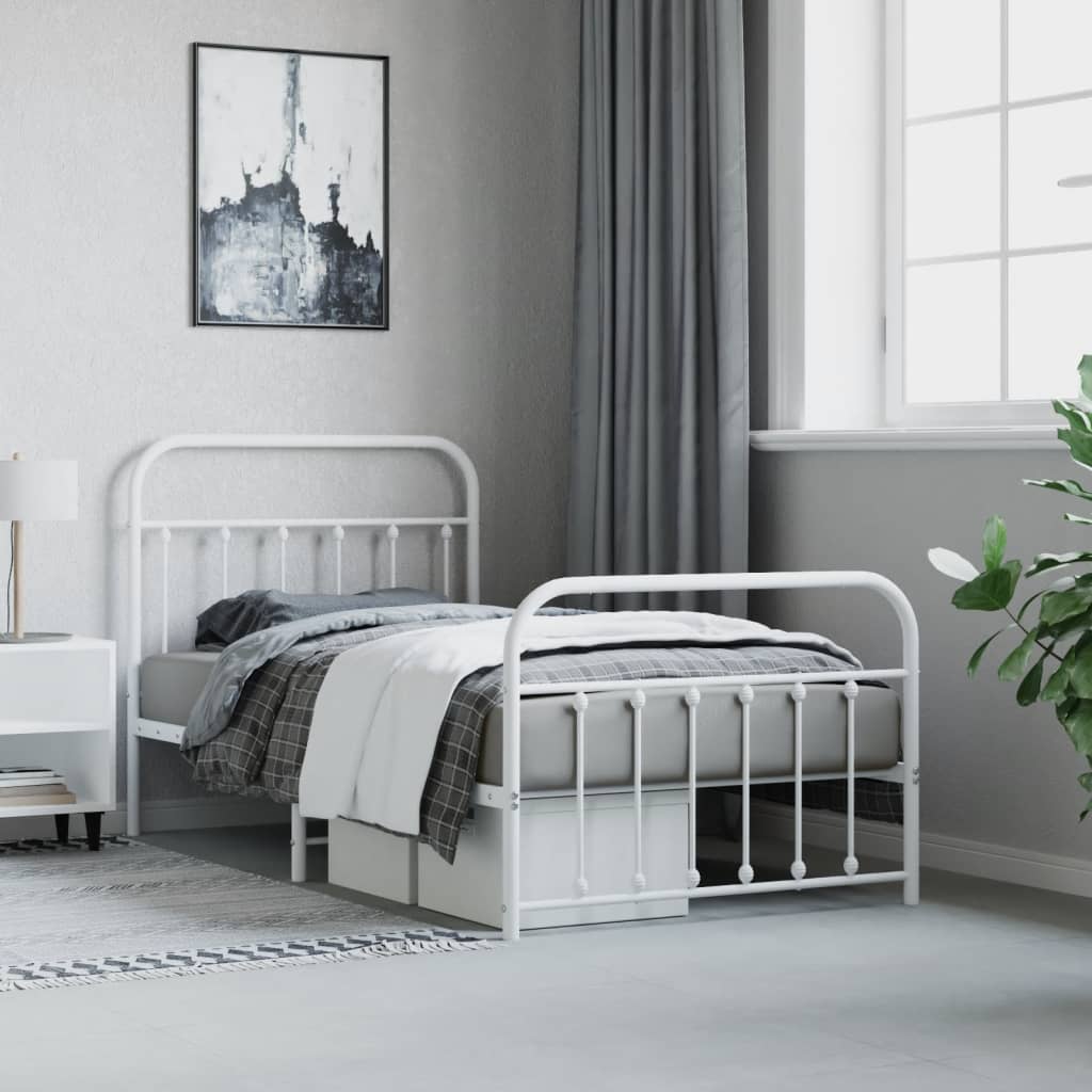 Metal Bed Frame without Mattress with Footboard White 39.4"x74.8"