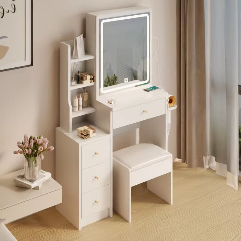 Small Space Left Bedside Cabinet Vanity Table + Cushioned Stool, 2 AC+2 USB Power Station, Hair dryer bracket, Extra Large Touch Control Sliding LED Mirror, Tri-color Switching, Brightness Adjustable