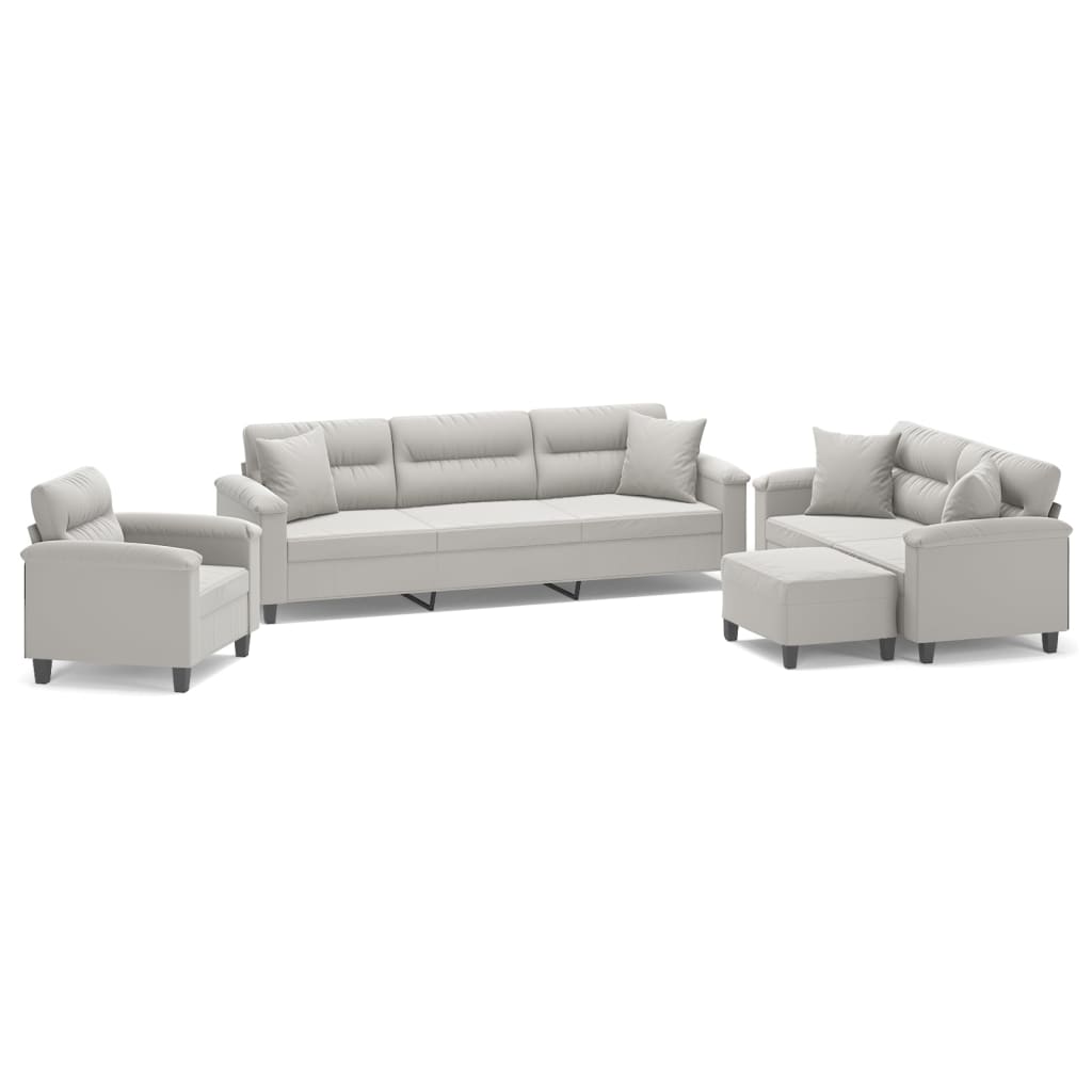 4 Piece Sofa Set with Pillows Light Gray Microfiber Fabric