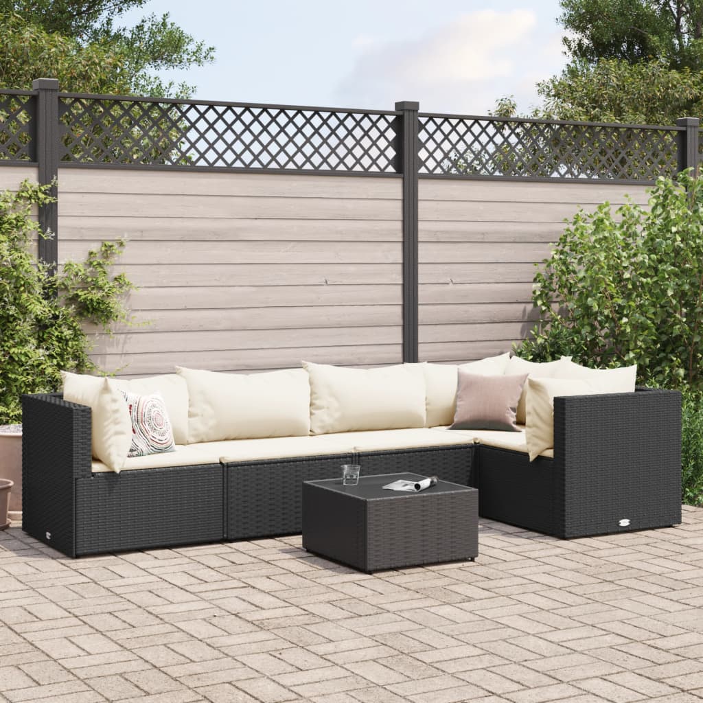 6 Piece Patio Lounge Set with Cushions Black Poly Rattan