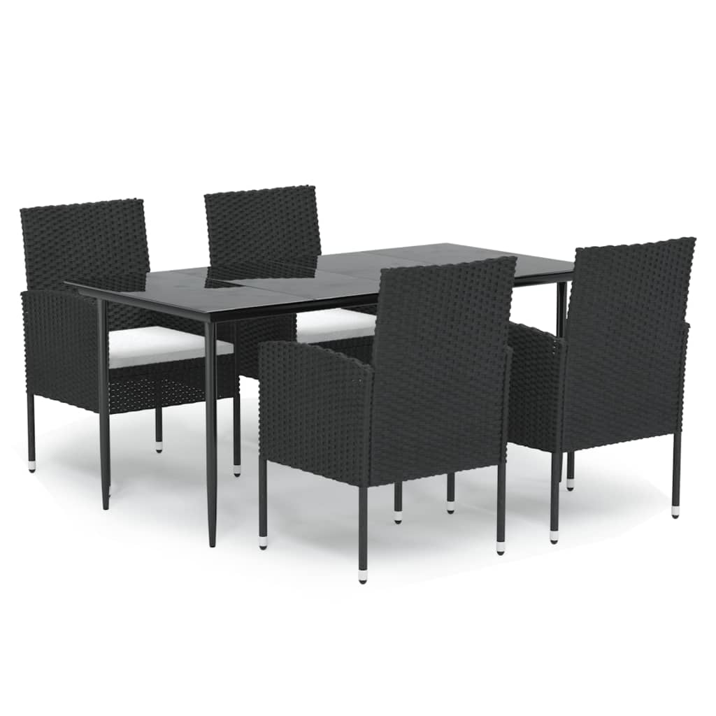 5 Piece Patio Dining Set with Cushions Black Poly Rattan