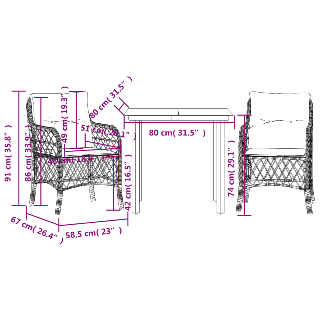 3 Piece Bistro Set with Cushions Gray Poly Rattan