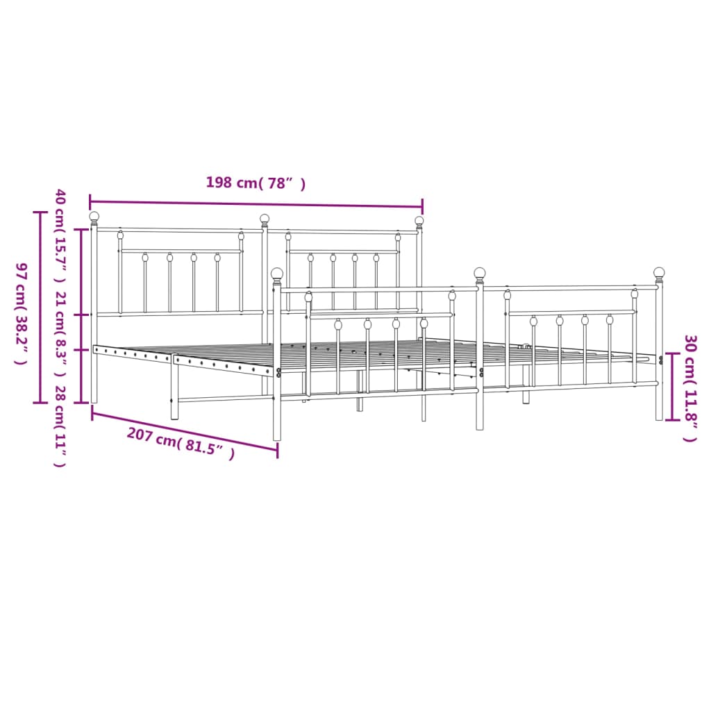 Metal Bed Frame without Mattress with Footboard White 76"x79.9"