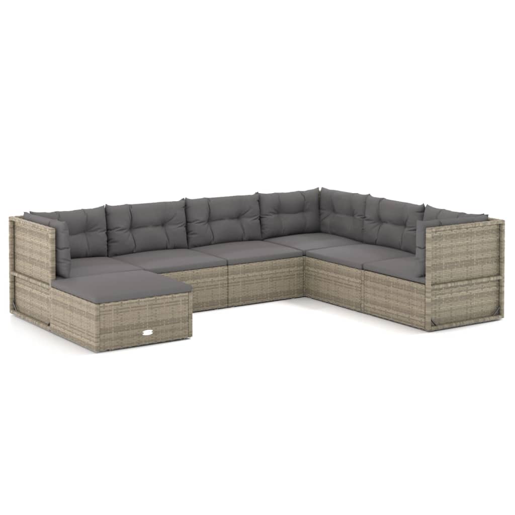 7 Piece Patio Lounge Set with Cushions Gray Poly Rattan