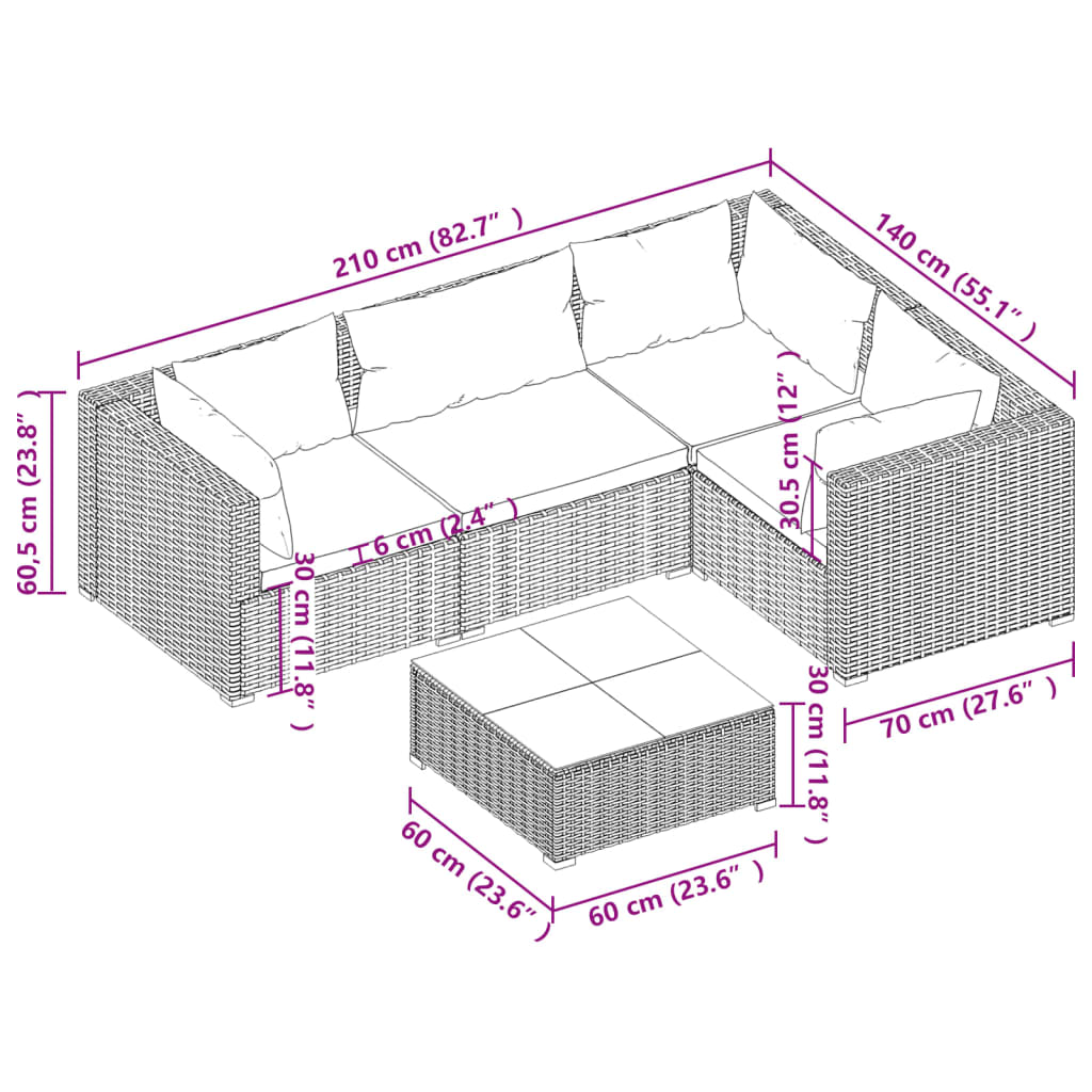 5 Piece Patio Lounge Set with Cushions Poly Rattan Black