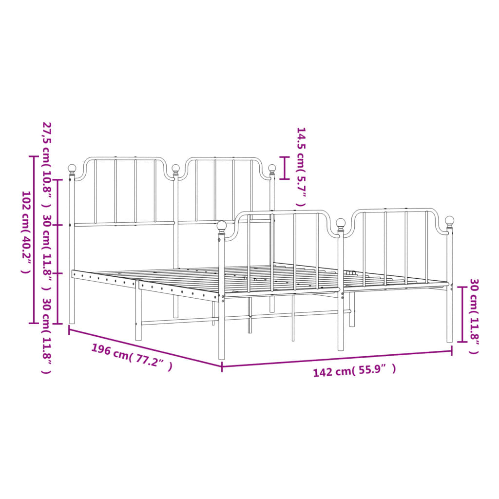 Metal Bed Frame without Mattress with Footboard White 53.1"x74.8"