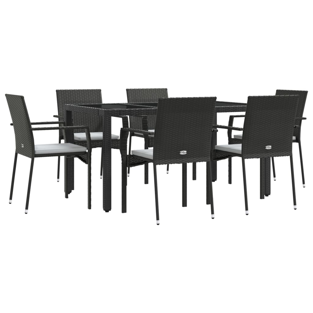 7 Piece Patio Dining Set with Cushions Black Poly Rattan