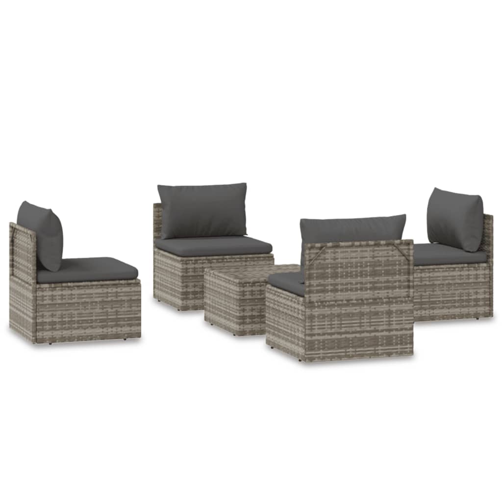 5 Piece Patio Lounge Set with Cushions Gray Poly Rattan