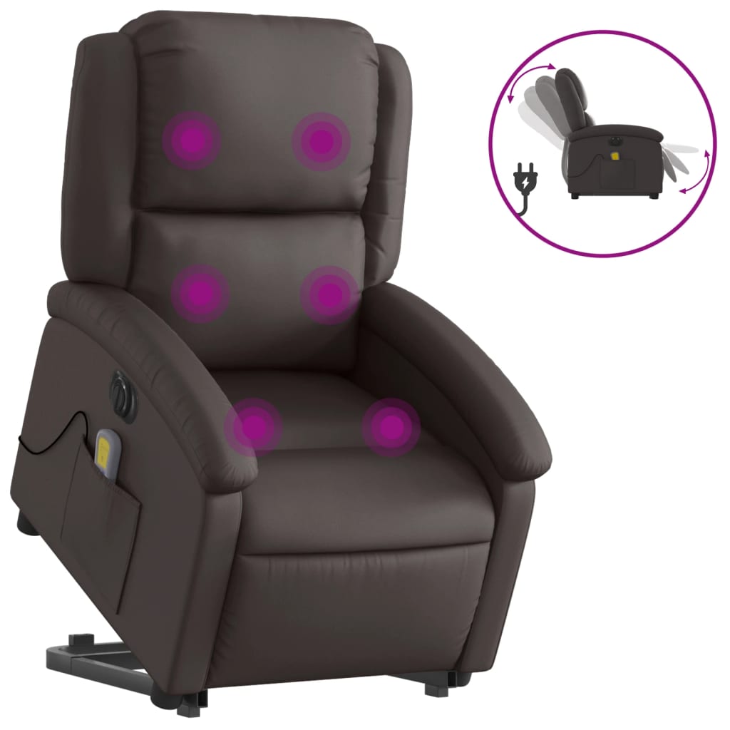 Electric Stand up Massage Recliner Chair Dark Brown Real Leather