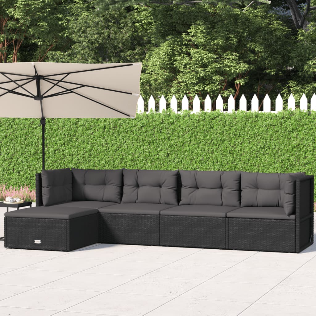 5 Piece Patio Lounge Set with Cushions Black Poly Rattan