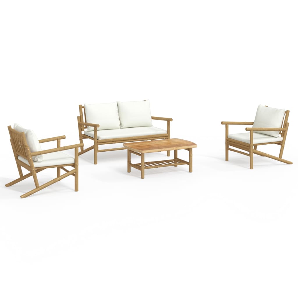 4 Piece Patio Lounge Set with Cream White Cushions Bamboo