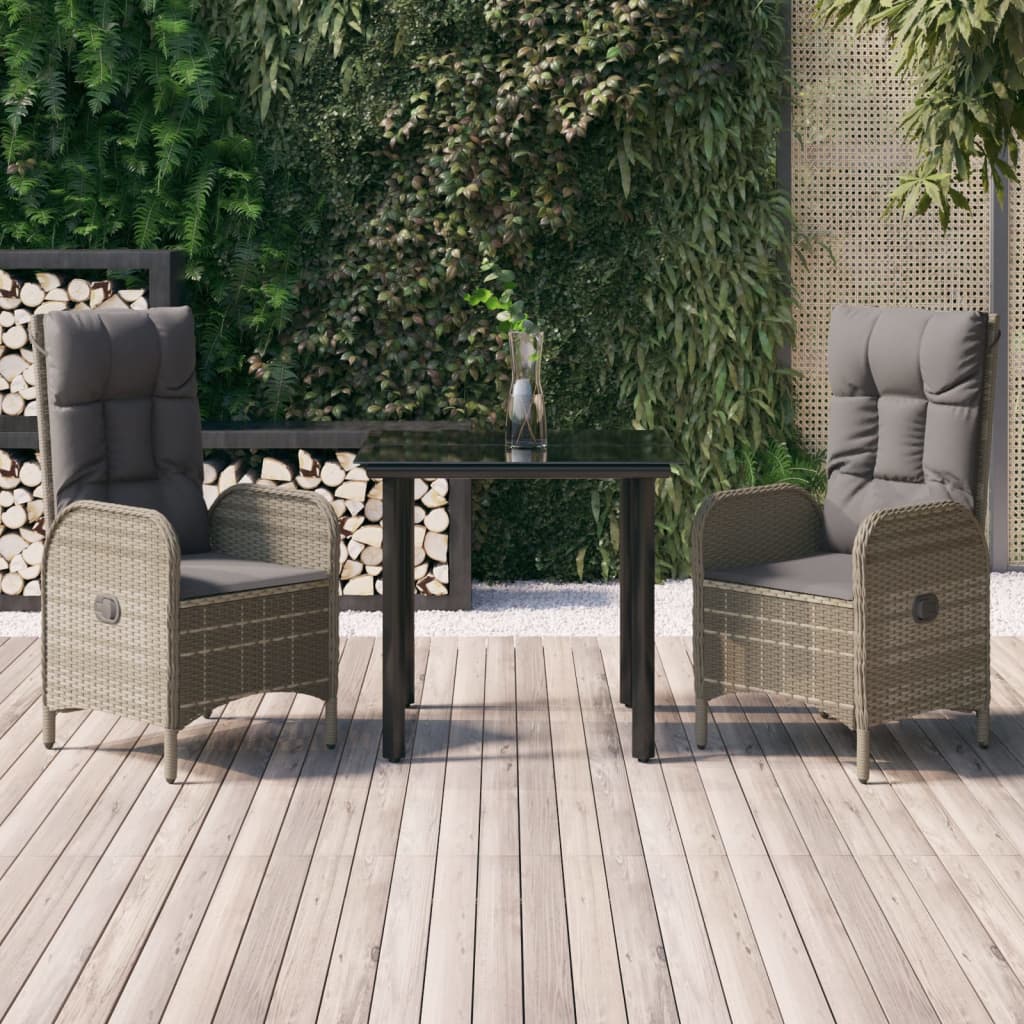 3 Piece Patio Dining Set with Cushions Black and Gray Poly Rattan