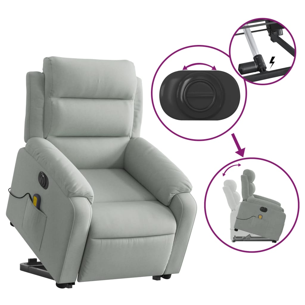 Electric Stand up Massage Recliner Chair Light Gray Velvet