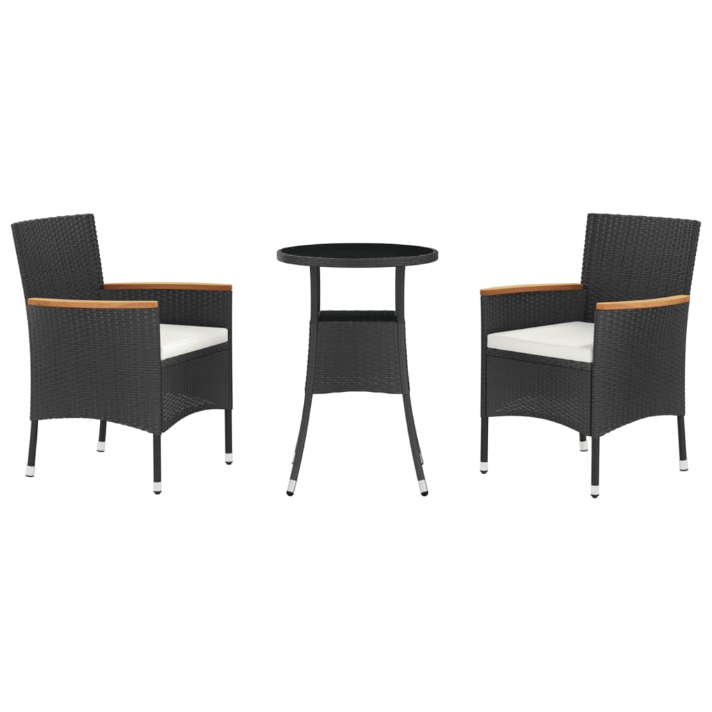 3 Piece Patio Bistro Set with Cushions Black Poly Rattan