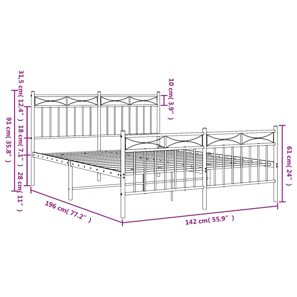 Metal Bed Frame without Mattress with Footboard White 53.1"x74.8"