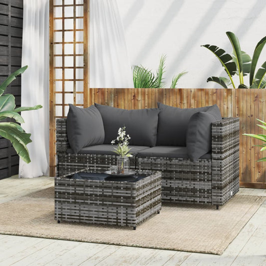 3 Piece Patio Lounge Set with Cushions Gray Poly Rattan