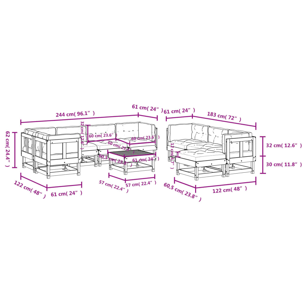 10 Piece Patio Lounge Set with Cushions Solid Wood