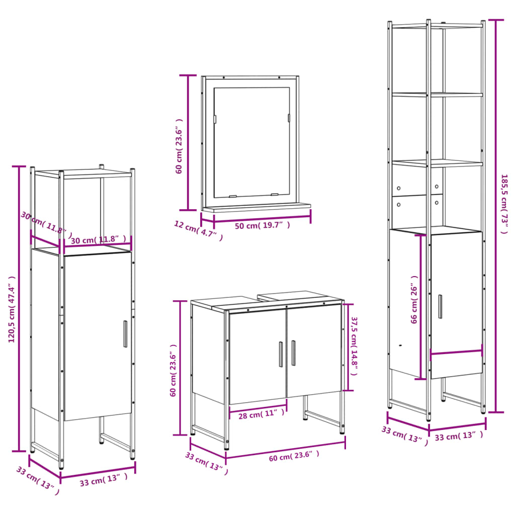 4 Piece Bathroom Cabinet Set Smoked Oak Engineered Wood