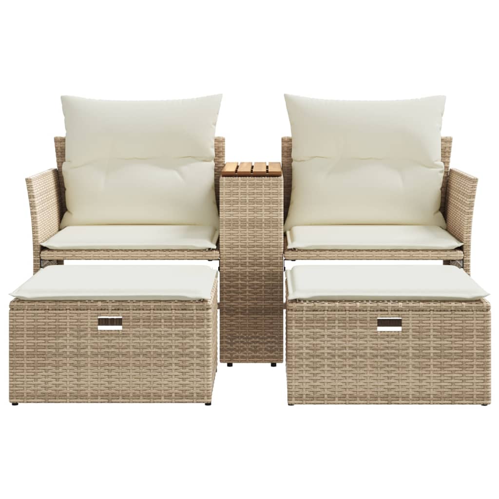 Patio Sofa 2-Seater with Stools Beige Poly Rattan