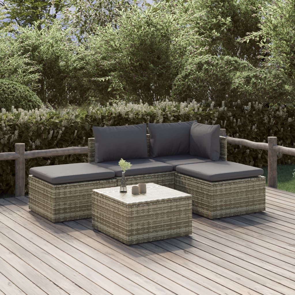 5 Piece Patio Lounge Set with Cushions Gray Poly Rattan