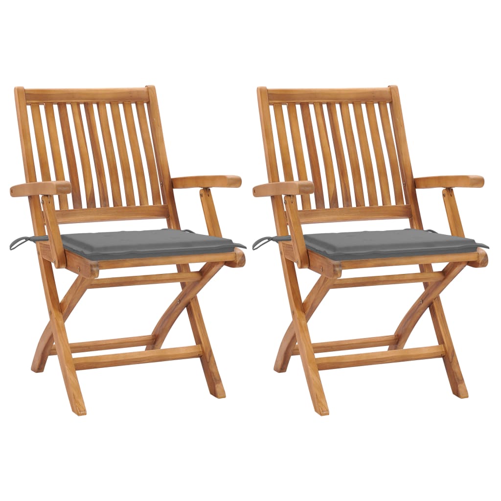 Patio Chairs 2 pcs with Gray Cushions Solid Teak Wood