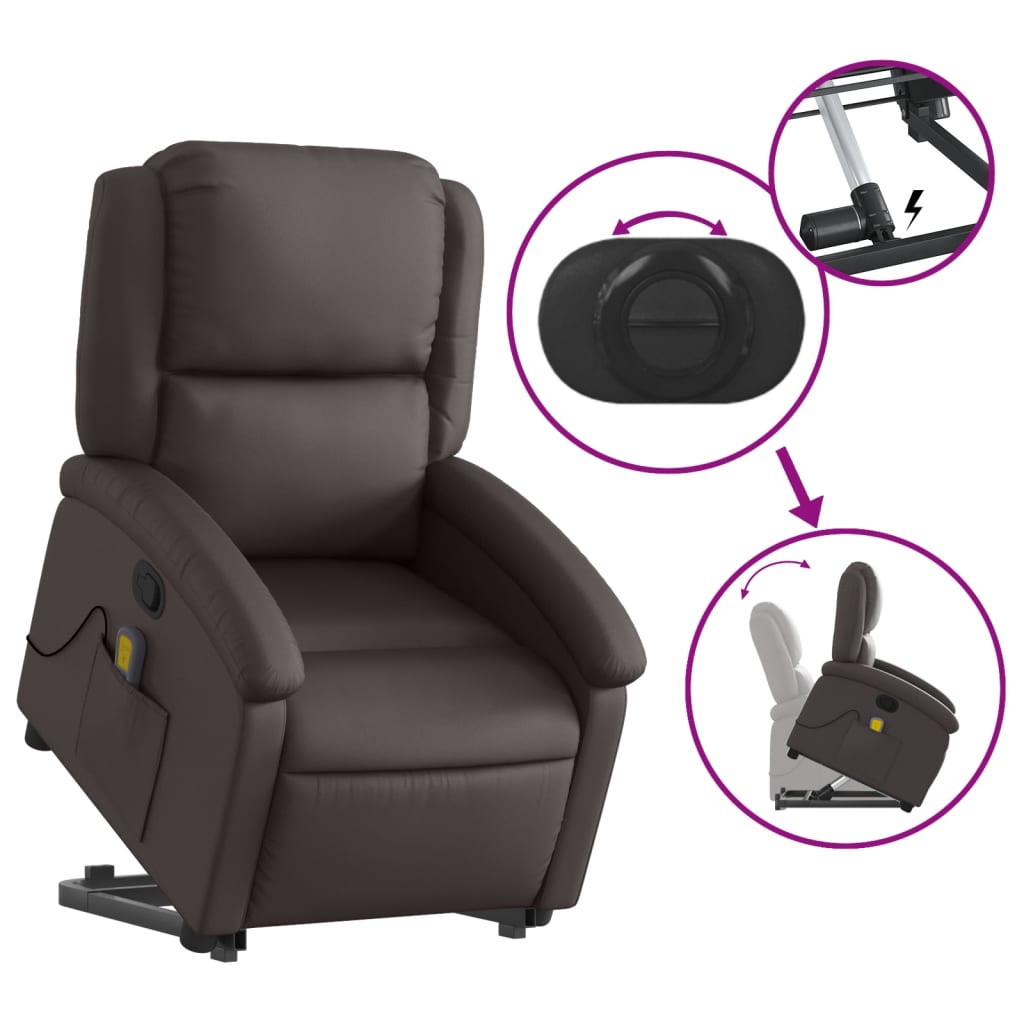 Stand up Massage Recliner Chair Dark Brown Real Leather