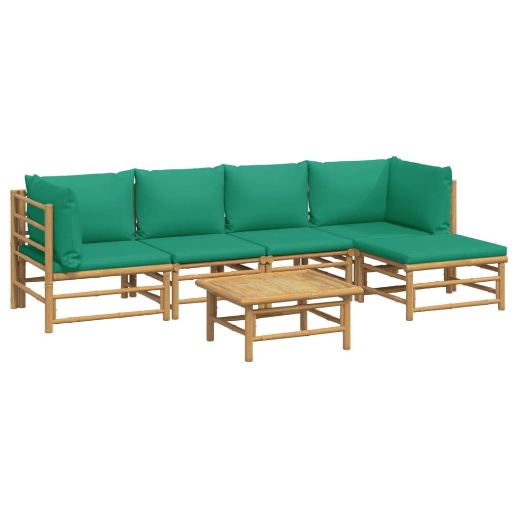 6 Piece Patio Lounge Set with Green Cushions Bamboo