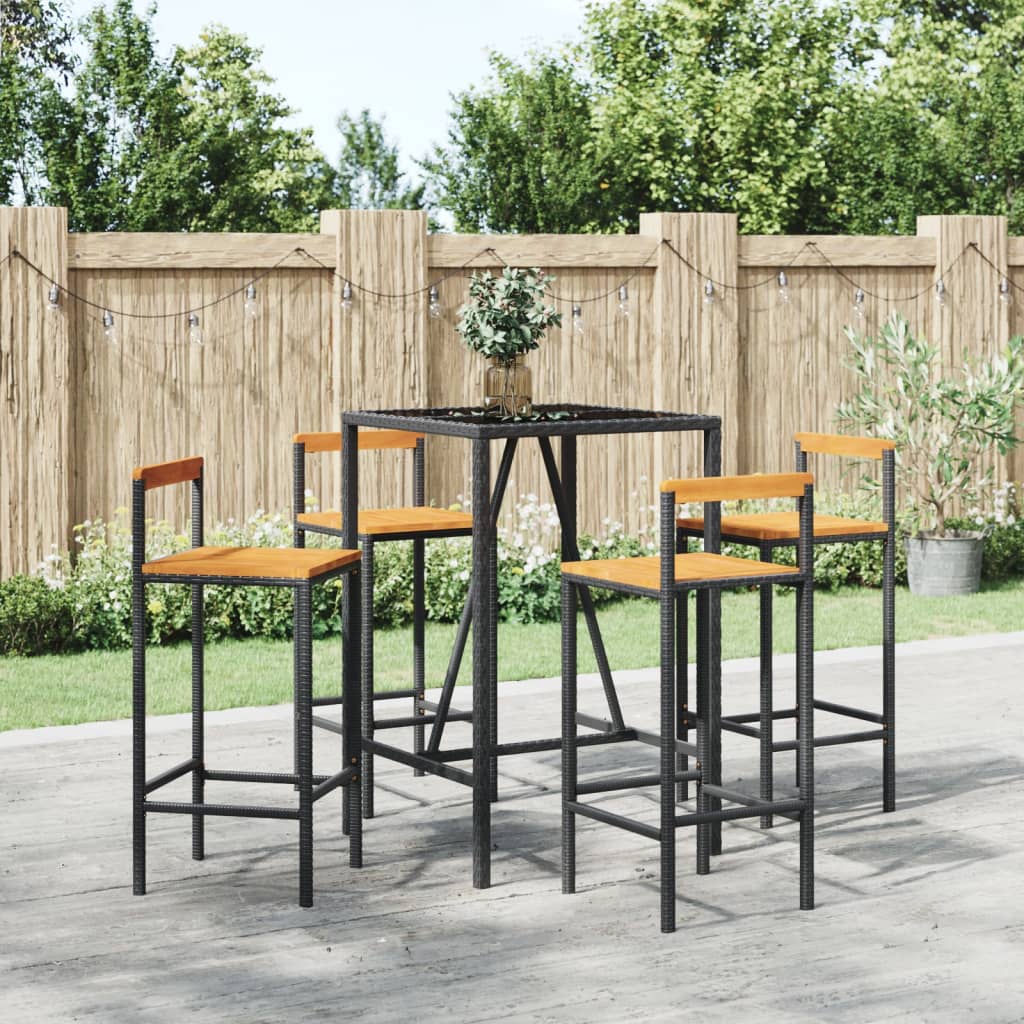 5 Piece Patio Bar Set Black Poly Rattan& Solid Wood Acacia