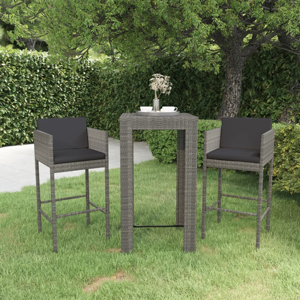 3 Piece Patio Bar Set with Cushions Poly Rattan Gray