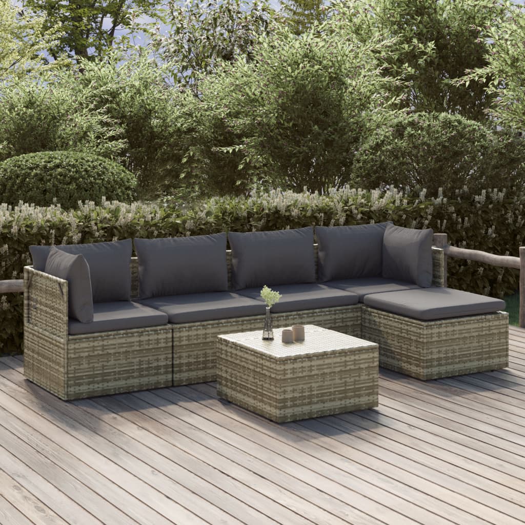 6 Piece Patio Lounge Set with Cushions Gray Poly Rattan