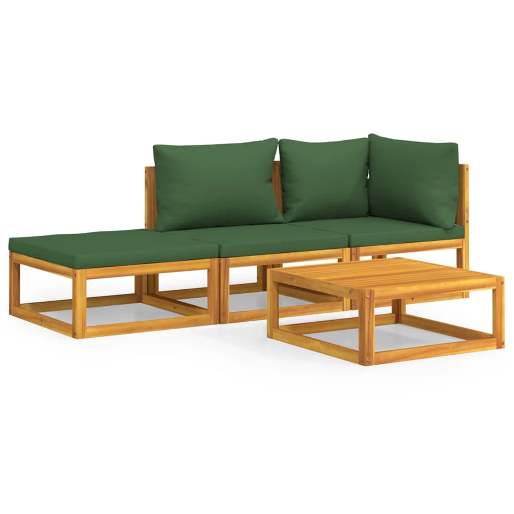 4 Piece Patio Lounge Set with Green Cushions Solid Wood