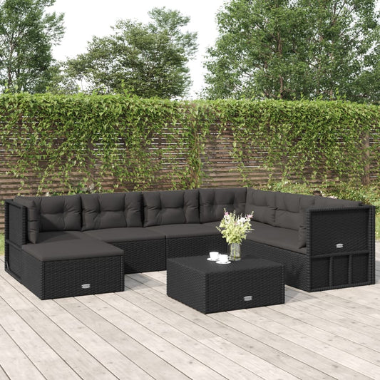 7 Piece Patio Lounge Set with Cushions Black Poly Rattan